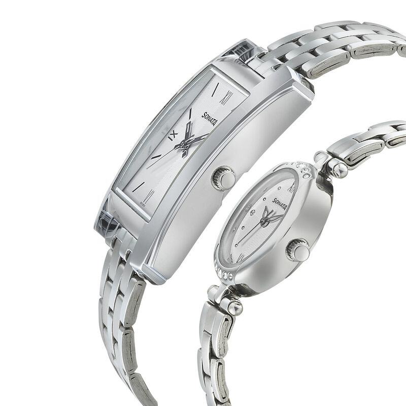 Sonata Quartz Analog White Dial Stainless Steel Strap Watch for Couple - image number 2