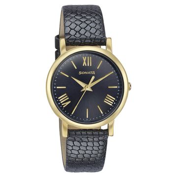 Sonata Glam Gold Quartz Analog Black Dial Leather Strap Watch For Women