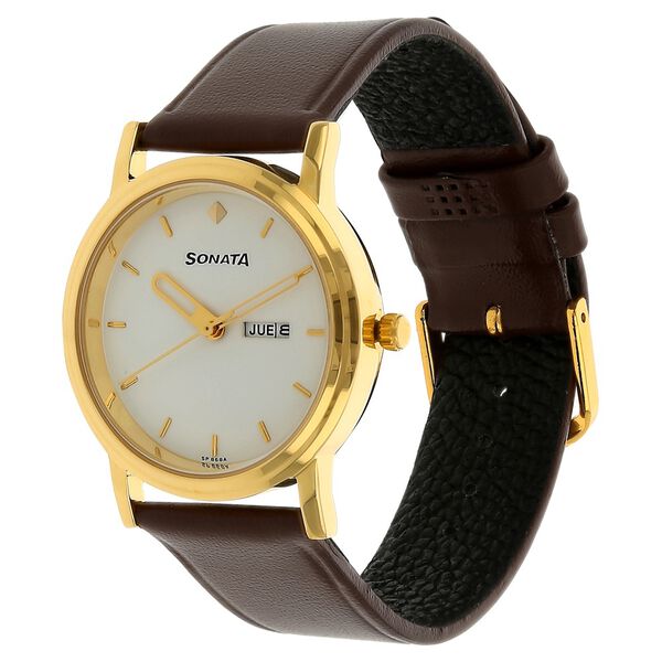 Sonata Quartz Analog with Day and Date White Dial Leather Strap Watch for Men - image number 1