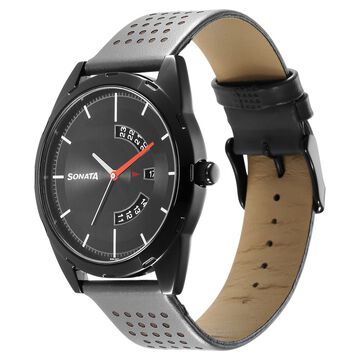 Sonata RPM Black Dial Leather Strap Watch for Men