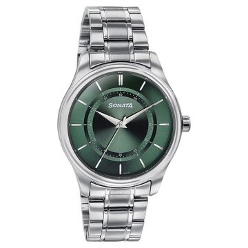 Sonata Quartz Analog Green Dial Silver Stainless Steel Strap Watch For Men