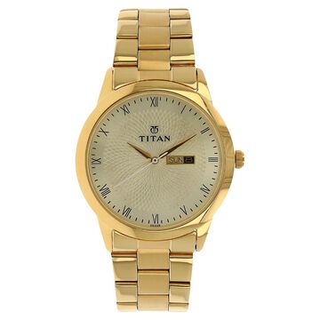 Titan Quartz Analog with Day and Date Champagne Dial Stainless Steel Strap Watch for Men