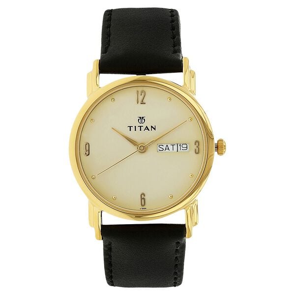 Titan Karishma Champagne Dial Analog with Day and Date Leather Strap watch for Men - image number 0