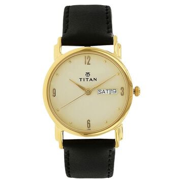 Titan Karishma Champagne Dial Analog with Day and Date Leather Strap watch for Men