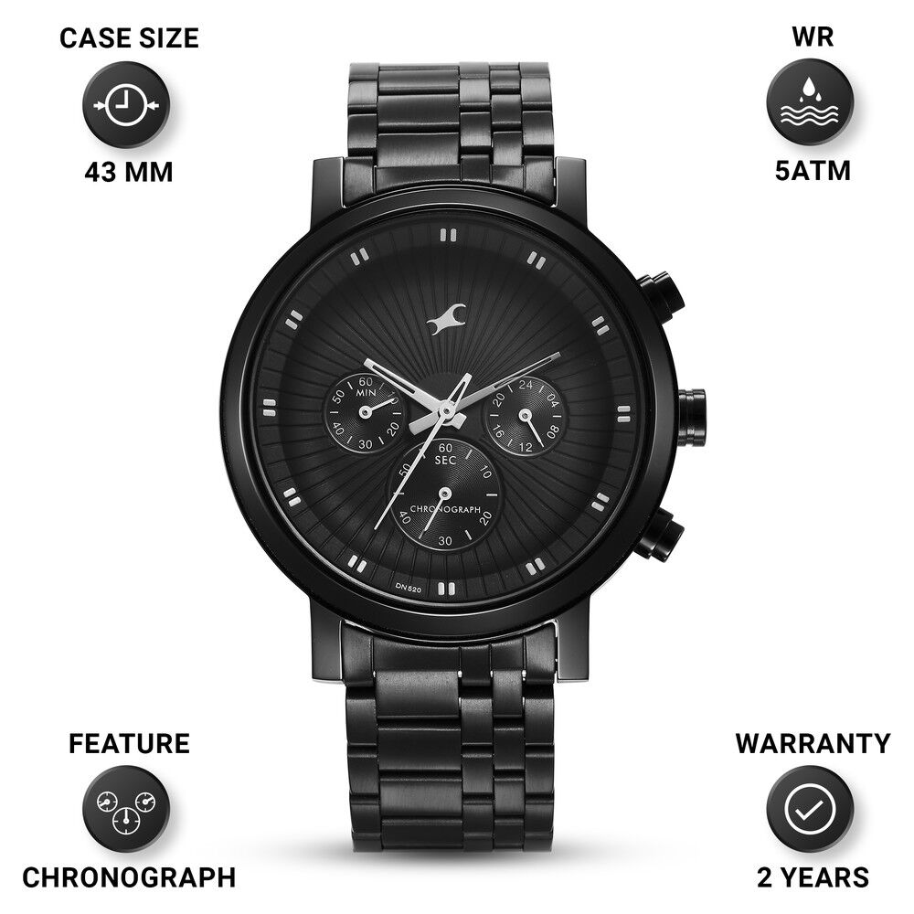Buy Online Fastrack Kronos Multifunction Black Dial Stainless Steel Strap Watch for Guys ns3287nm02 Titan