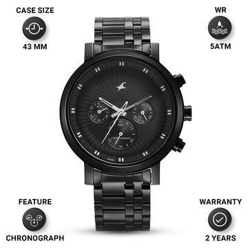 Fastrack Kronos Multifunction Black Dial Stainless Steel Strap Watch for Guys