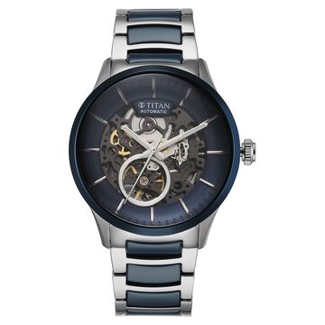 Titan Ceramic Fusion Automatic Blue Dial Silver Dual-Toned Stainless Steel Bracelet Watch for Men