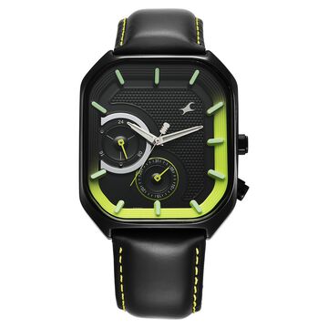 Fastrack Groove Multifunction Black Dial Guy's Leather Strap Watch with Lume indices