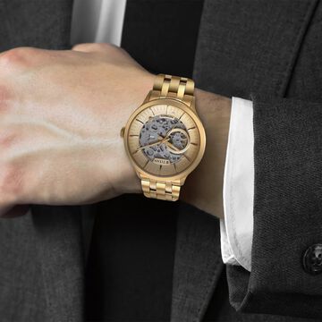 Titan Metal Mechanicals Golden Dial Golden Stainless Steel Strap Watch for Men