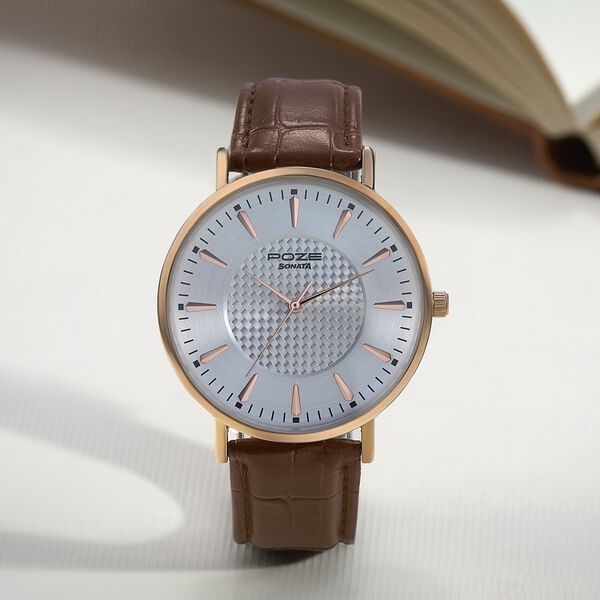 Sonata Poze Quartz Analog Silver Dial Tan Leather Strap Watch For Men - image number 0