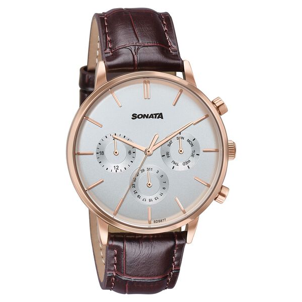 Sonata Festive Quartz Multifunction Silver Dial Brown Leather Strap Watch For Men - image number 1