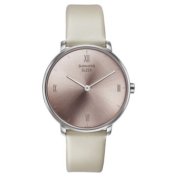 Sonata Sleek Quartz Analog Pink Dial Beige Leather Strap Watch for Women