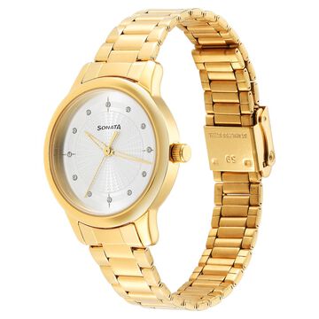 Sonata Classic Gold Silver Dial Metal Strap Watch for Women