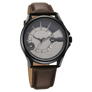 Fastrack Groove Quartz Analog with Date Two Toned Dial Brown Leather Strap Watch For Guys
