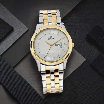 Titan Quartz Analog with Day and Date Silver Dial Stainless Steel Strap Watch for Men