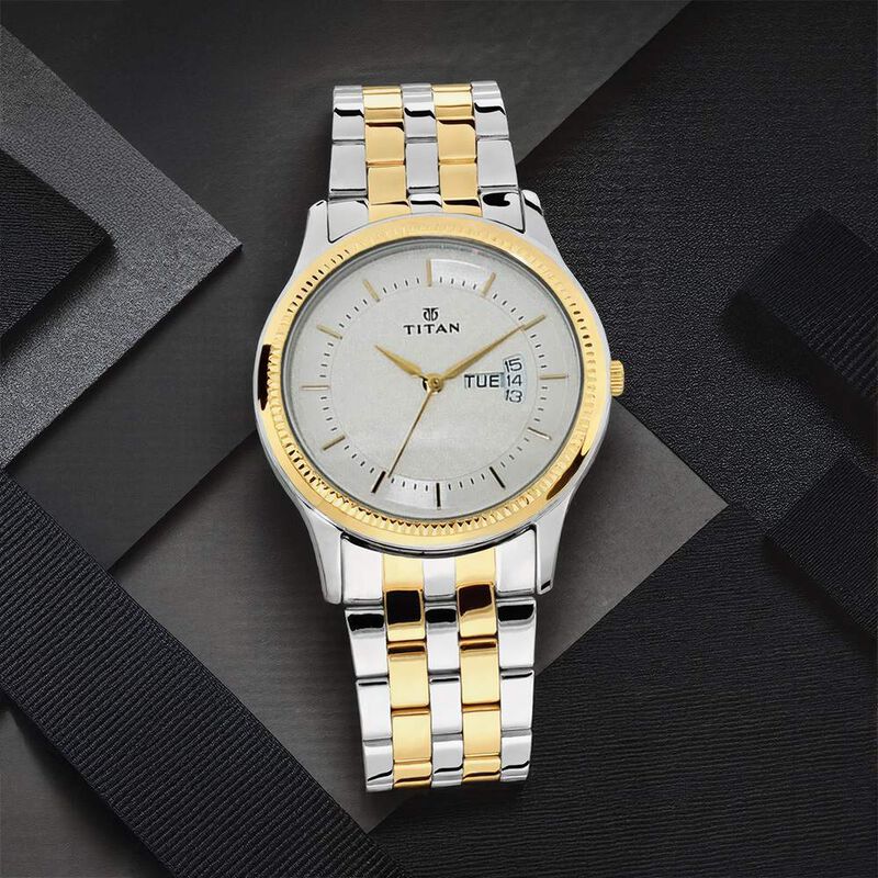 Titan Quartz Analog with Day and Date Silver Dial Stainless Steel Strap Watch for Men
