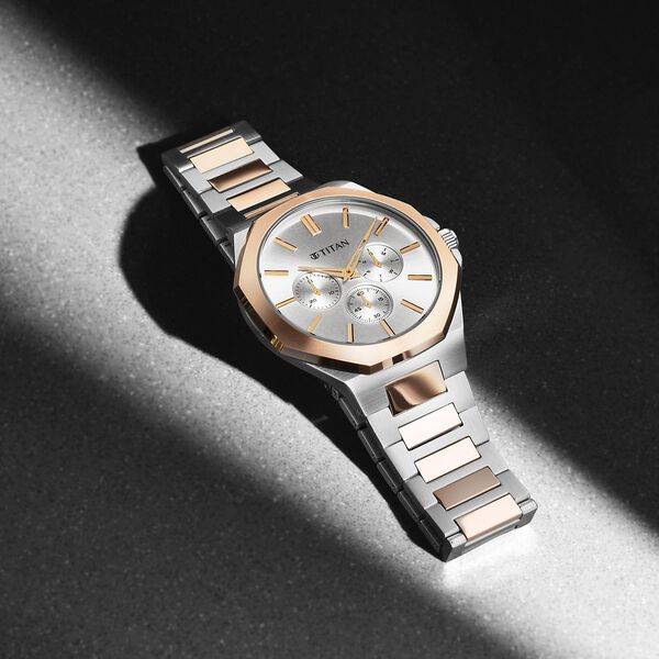 Titan Classic Slim Multifunction Multifunction Silver Dial Multicoloured Stainless Steel Strap Watch For Men - image number 2