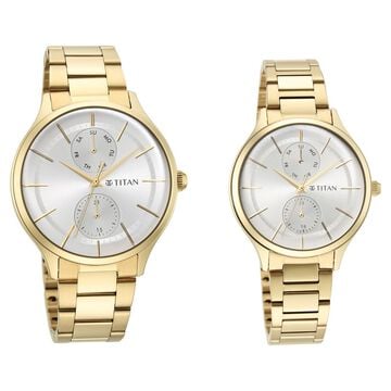 Titan Bandhan Silver Dial Quartz Multifunction Stainless Steel Strap watch for Couple.