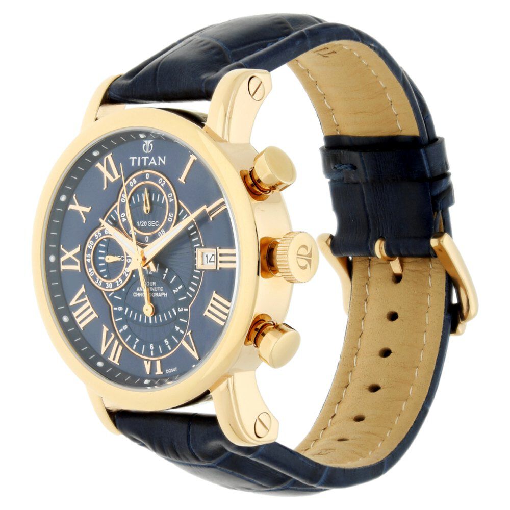Buy Online Titan Classic Blue Dial Chronograph Leather Strap watch