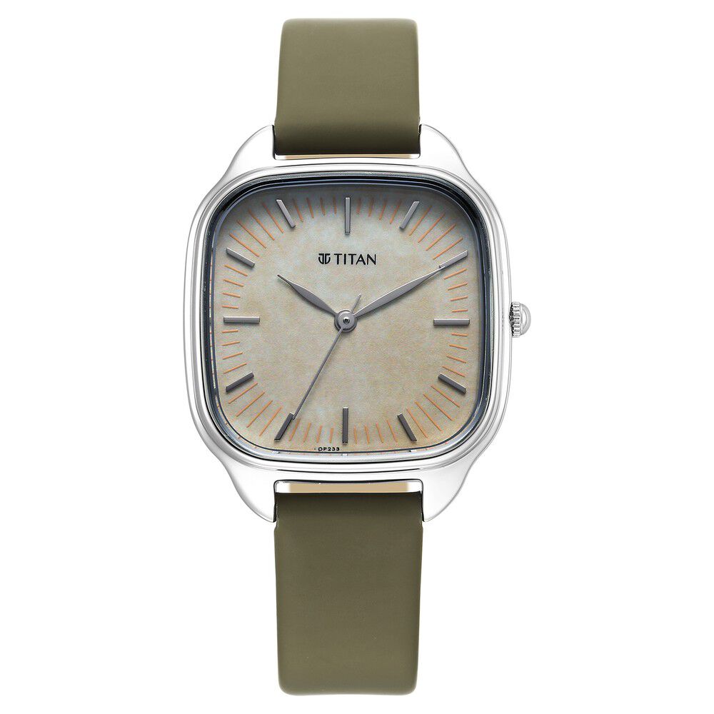 Titan Workwear Quartz Analog White Dial Green Leather Strap Watch for Women-2733SL01