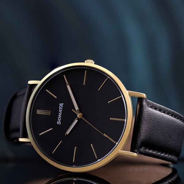 Buy Online Sonata Quartz Analog Black Dial Black Leather Strap