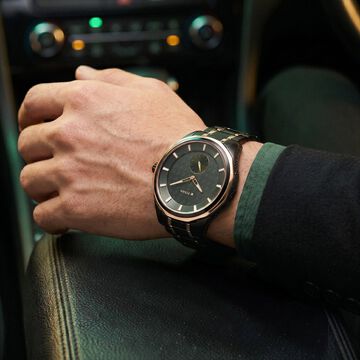 Titan Regalia Opulent Offset Second Hand Green Dial Rose Gold And Black Bimetal Strap Watch For Men