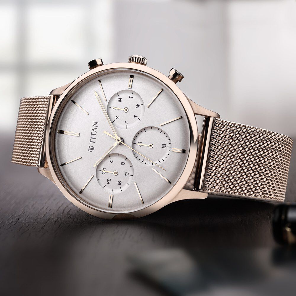 Buy Online Titan Light Leathers Silver Dial Quartz Multifunction Stainless Steel Strap Watch for Men ns90134wm01 Titan