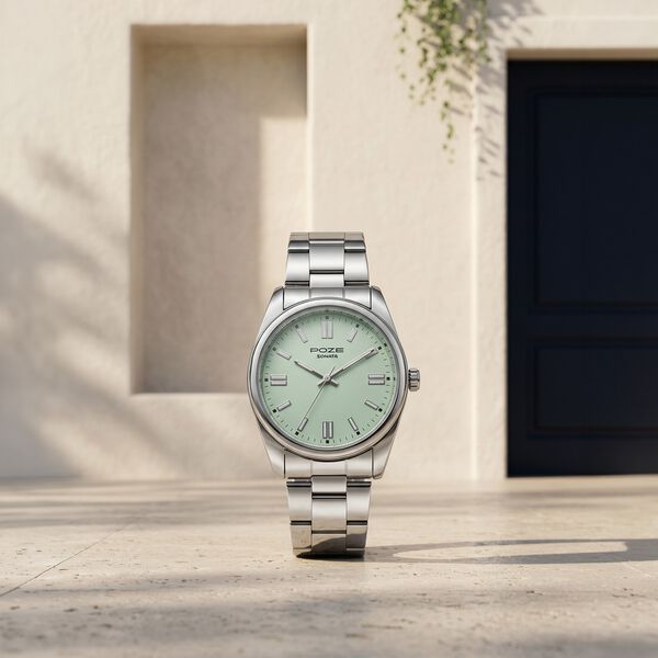Poze Poze Quartz Analog Green Dial Silver Metal Strap Watch For Men - image number 0