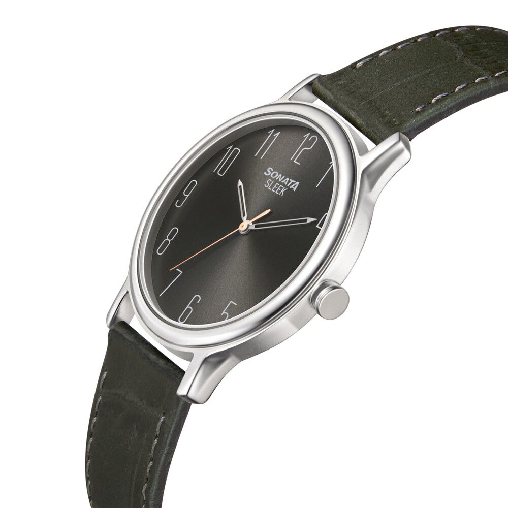 Buy Online Sonata Quartz Analog Grey Dial Leather Strap Watch for