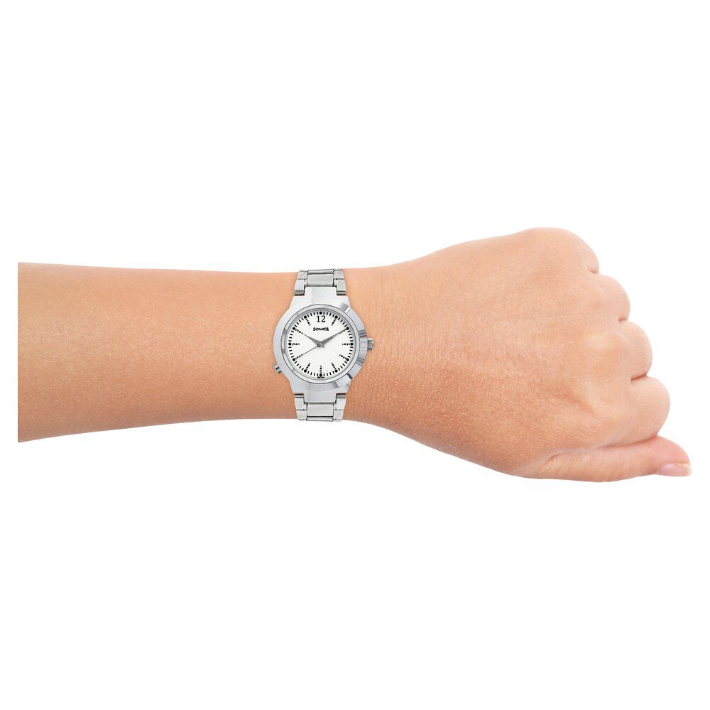 Buy Online Sonata Act Safety Watch White Dial Women Watch With Stainless Steel Strap nk90057sm01 Titan
