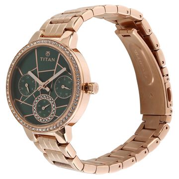 Titan Purple Quartz Multifunction Green Dial Golden Metal Strap Watch For Women