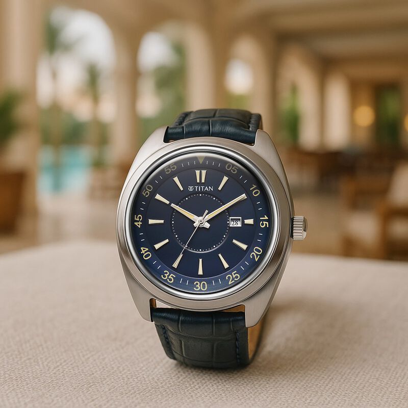Titan Tonneau Analog with Date and Blue Dial Blue Leather Strap Watch for Men