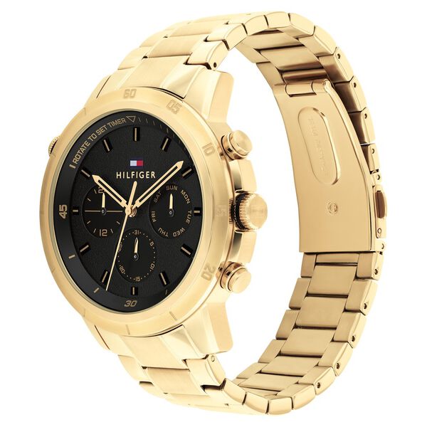 Tommy Hilfiger Multifunction Black Round Dial Golden Stainless Steel Strap Watch For Men - image number 1