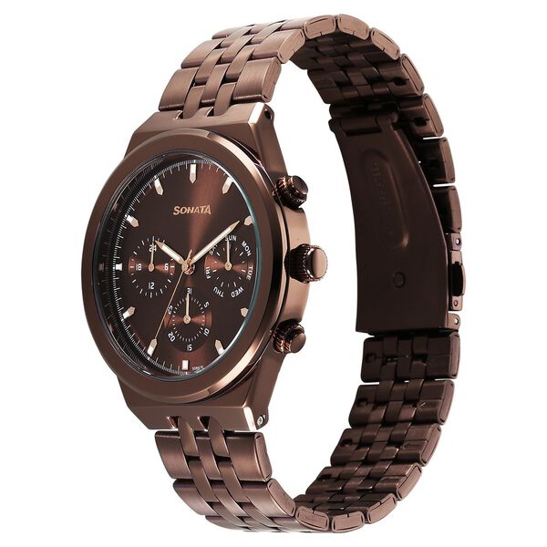 Sonata Eternia Quartz Multifunction Brown Dial Metal Strap Watch For Men - image number 1