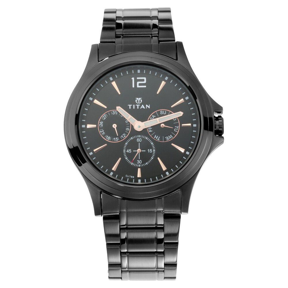 Buy Online Titan Quartz Multifunction Black Dial Stainless Steel Strap Watch for Men ns1698nm01 Titan
