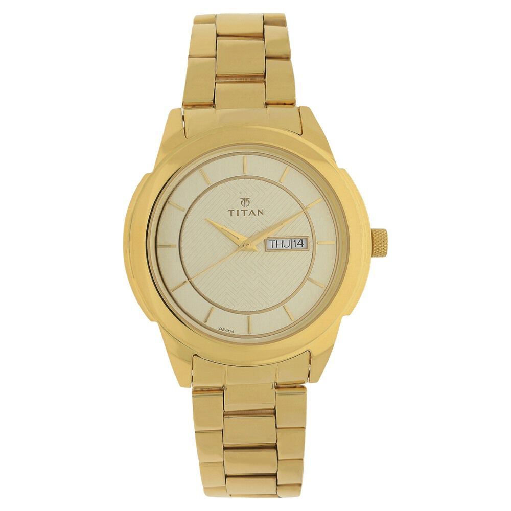 Buy Online Titan Quartz Analog with Day and Date Champagne Dial Stainless Steel Strap Watch for Men nj1585ym01 Titan