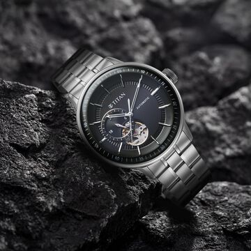 Titan Orbital Open Heart Automatic Analog with Black Dial Silver Stainless Steel Strap Watch for Men