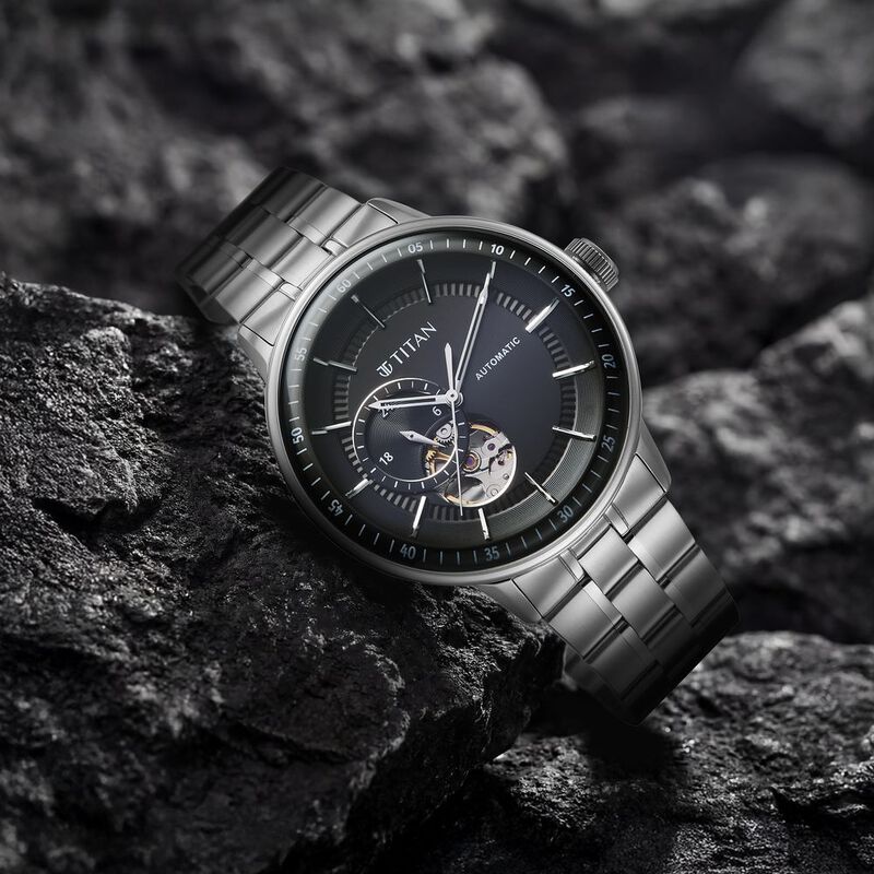 Titan Orbital Open Heart Automatic Analog with Black Dial Silver Stainless Steel Strap Watch for Men