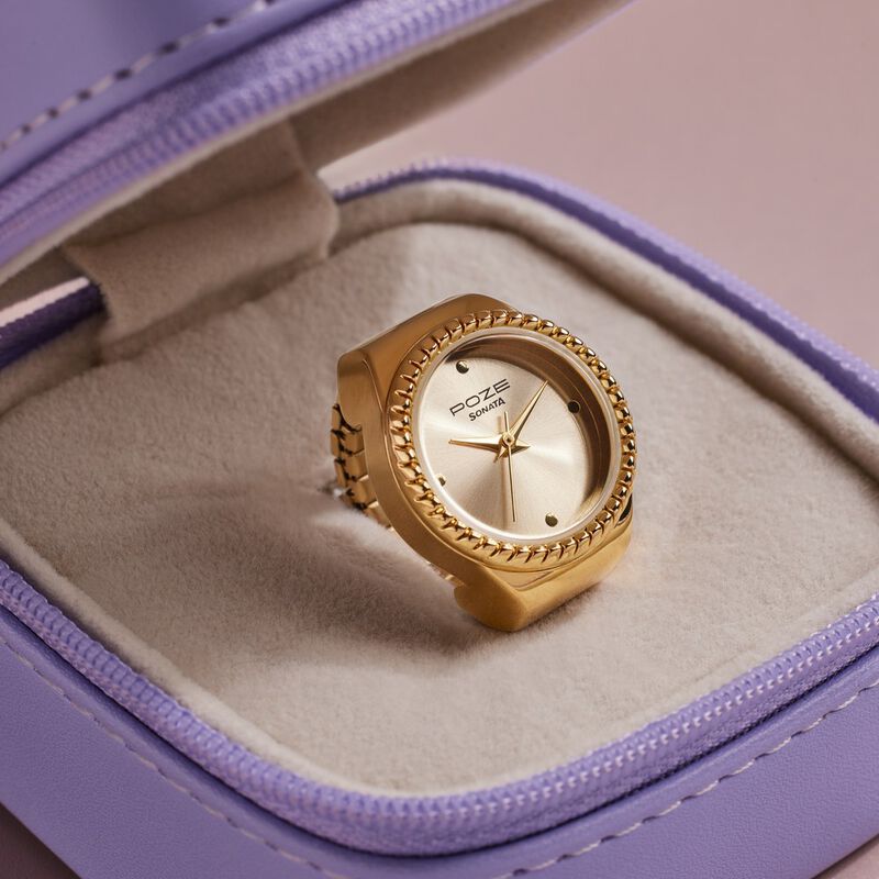 Sonata Poze Quartz Analog Golden Dial Golden Color Stainless Steel Strap Ring Watch For Women