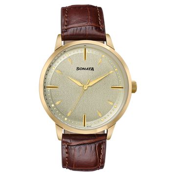 Sonata Jashn Quartz Analog Golden Dial Brown Leather Strap Watch For Men