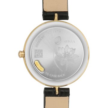 Titan Nebula Lotus 18 KT Gold Quartz Analog Mother Of Pearl Dial Black Leather Strap Watch For Women
