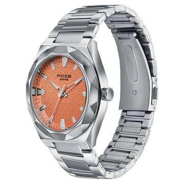 Poze Poze Quartz Analog Orange Dial Silver Metal Strap Watch For Men