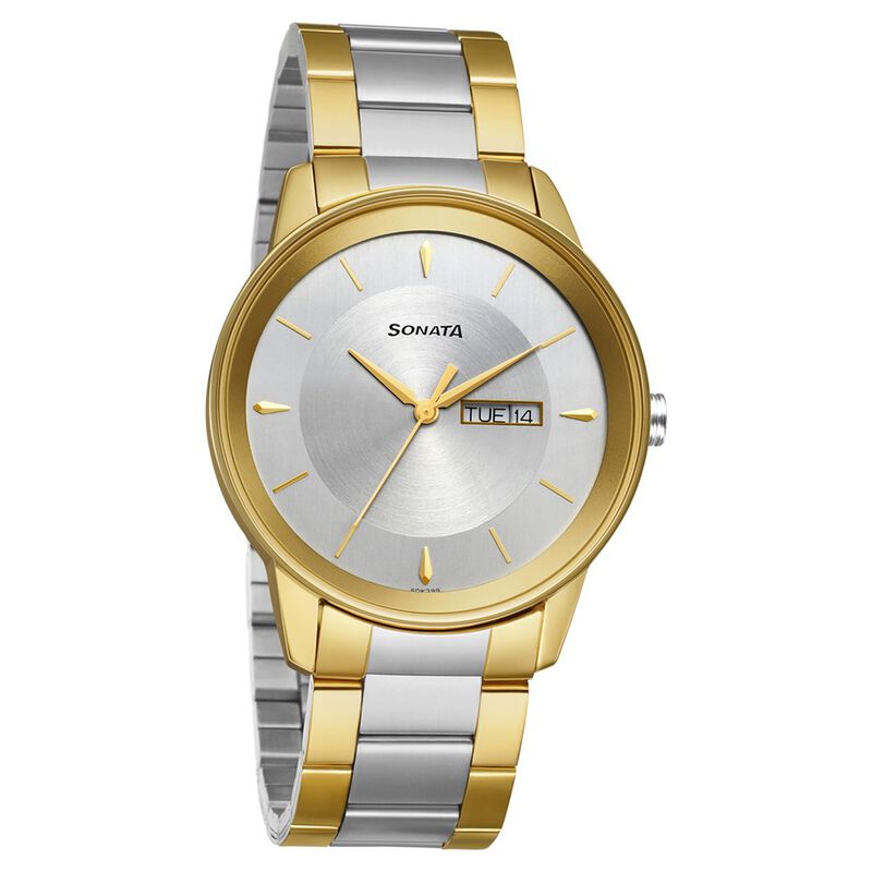 Sonata Quartz Analog with Day and Date Silver Dial Stainless Steel Strap Watch for Men