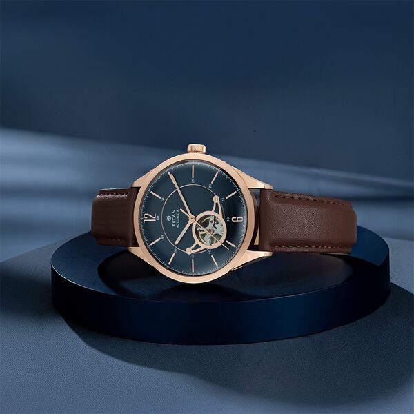 Titan Automatic Blue Dial Brown Leather Strap Watch for Men - image number 0
