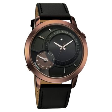 Fastrack Pulse IV Dual Time Watch for Men with  Black Sunray Dial & Black Leather Strap