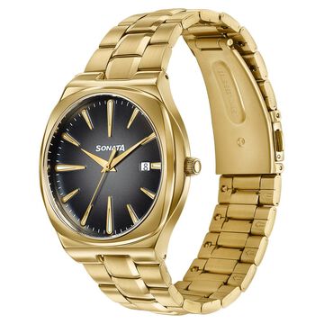 Sonata Festive Quartz Analog Black Dial Gold Metal Strap Watch For Men