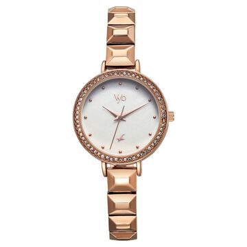 Fastrack Vyb Enigma Quartz Analog Mother of Pearl Dial Rose Gold Color Metal Strap Watch For Girls