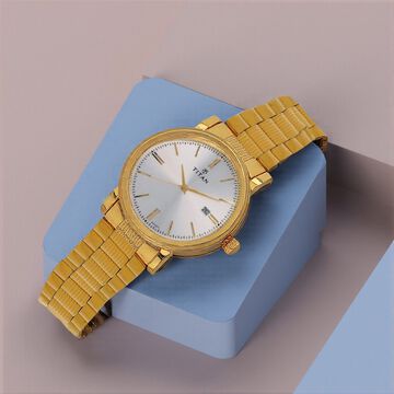 Titan Quartz Analog with Date Silver Dial Golden Stainless Steel Strap Watch For Men
