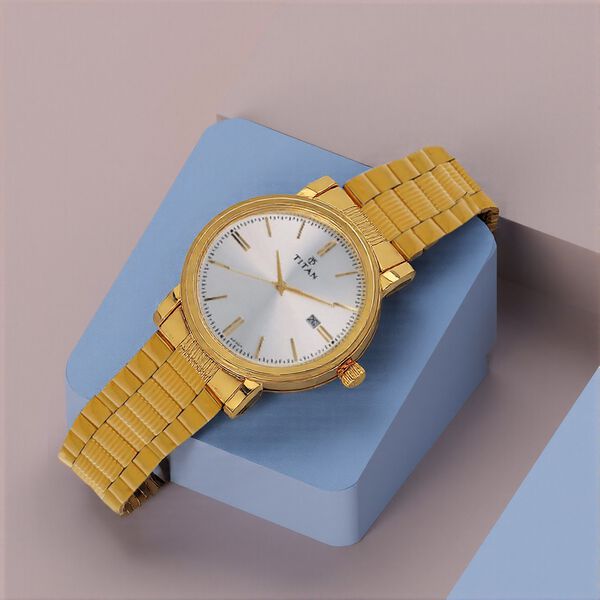 Titan Quartz Analog with Date Silver Dial Golden Stainless Steel Strap Watch For Men - image number 0