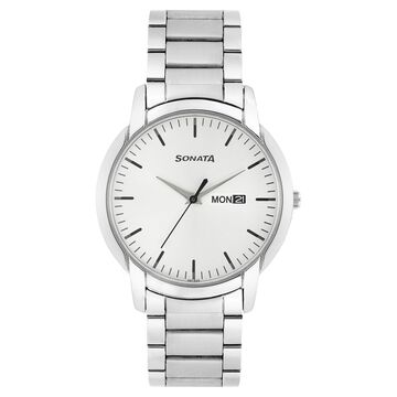 Sonata Quartz Analog with Day and Date Silver Dial Stainless Steel Strap Watch for Men